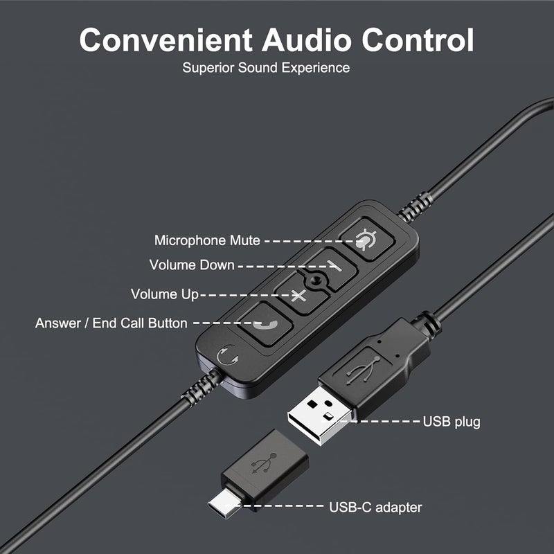 MAIRDI سماعة USB مع ميكروفون للكمبيوتر، سماعة سلكية USB A/Type C مع ميكروفون لإلغاء الضوضاء للاستخدام في المكتب والاجتماعات التجارية مع فرق العمل - Image 3